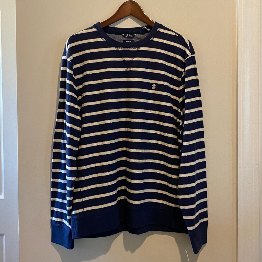IZOD Saltwater Blues Men's Medium Blue and White Striped LS Pullover - NWT